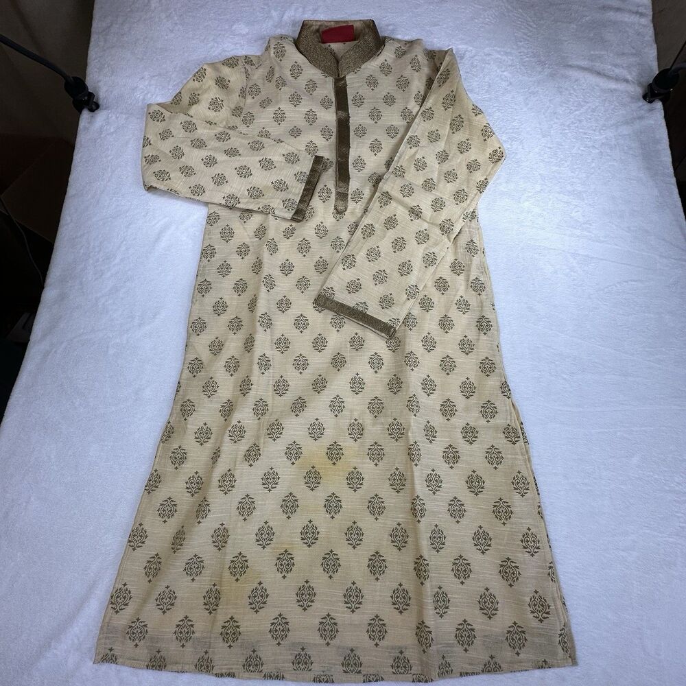 Mens Ethnix Kurta Cream Gold Traditional Indian Wedding Tunic Size 40 Medium